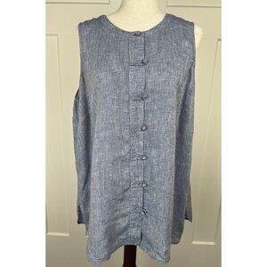 J Jill Love Linen Large 100% Linen Sleeveless Tunic Top Blue Knot Button Detail